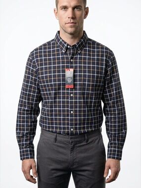 Member's Mark Men's XL Navy‎ Plaid Cotton Poplin Long Sleeve Shirt
